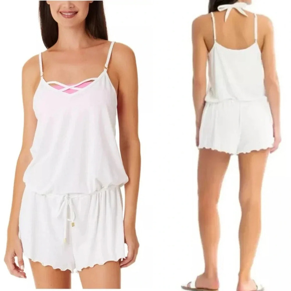 CALIFORNIA WAVES Junior Tie Waist Knit Swim Cover Up Romper White Size L NWT - Picture 1 of 9